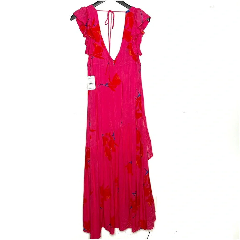 Free People She's a Waterfall Hot Pink Floral Print Ruffled Maxi Dress Size 6